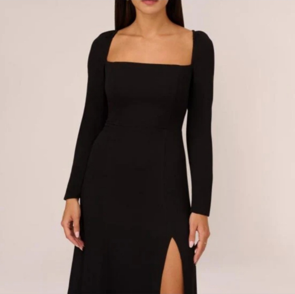 #177 Adrinna Papell Square Neck Light Crepe Midi Slit Dress NWT - Picture 2 of 3